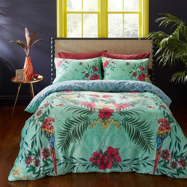 Зелено-синьо двойно удължено спално бельо от памучен сатен 230x220 cm Paradise Parrot – Matthew Williamson