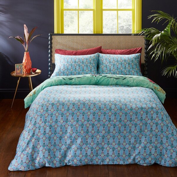 Зелено-синьо двойно удължено спално бельо от памучен сатен 230x220 cm Paradise Parrot – Matthew Williamson