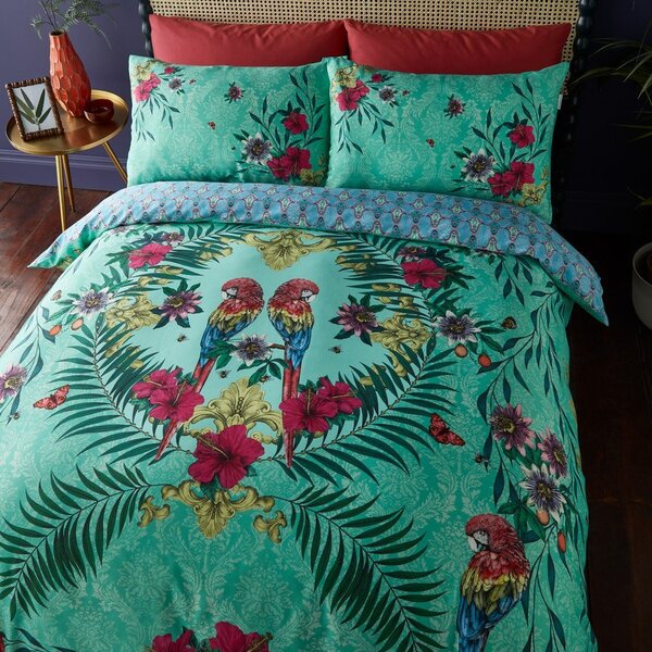 Зелено-синьо двойно удължено спално бельо от памучен сатен 230x220 cm Paradise Parrot – Matthew Williamson