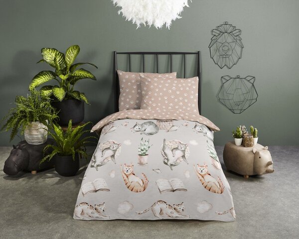 Сиво-кафяво памучно детско спално бельо за детско креватче 120x150 cm Catlife – Good Morning
