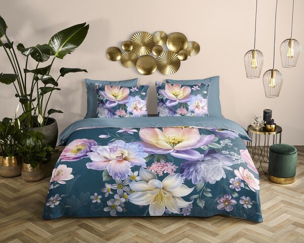 Синьо двойно /удължено спално бельо от памучен сатен 200x220 cm Mirery – Descanso
