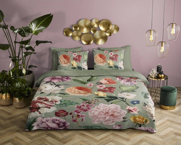 Зелено двойно удължено спално бельо от памучен сатен 200x220 cm Fiori – Descanso