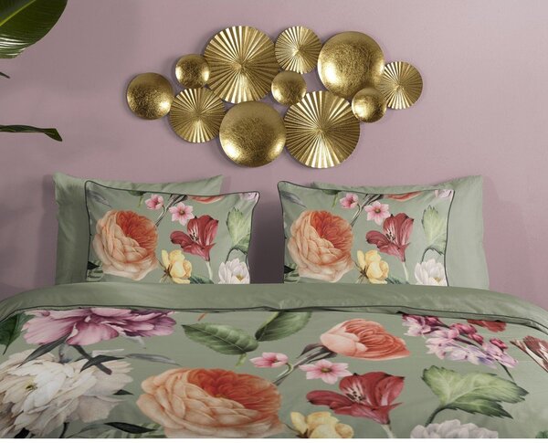 Зелено двойно удължено спално бельо от памучен сатен 200x220 cm Fiori – Descanso