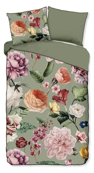 Зелено единично удължено спално бельо от памучен сатен 140x220 cm Fiori – Descanso