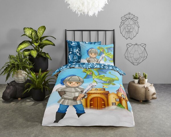 Синьо единично удължено памучно детско спално бельо 140x220 cm Knight – Good Morning