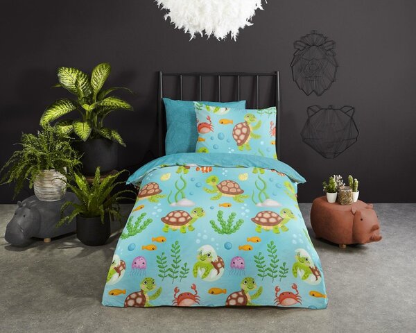 Синьо единично удължено памучно детско спално бельо 140x220 cm Turtles – Good Morning