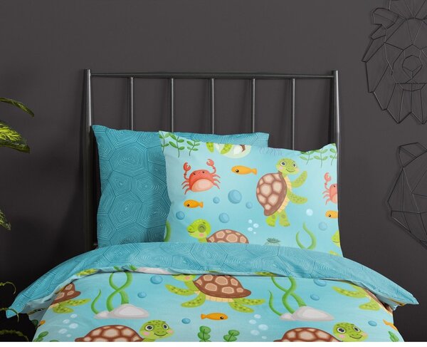 Синьо единично удължено памучно детско спално бельо 140x220 cm Turtles – Good Morning