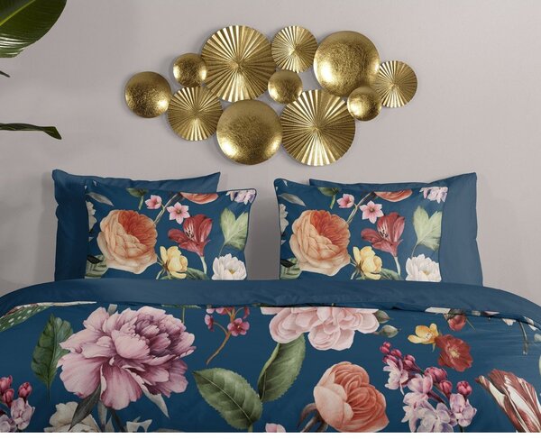Тъмносиньо единично удължено спално бельо от памучен сатен 140x220 cm Fiori – Descanso