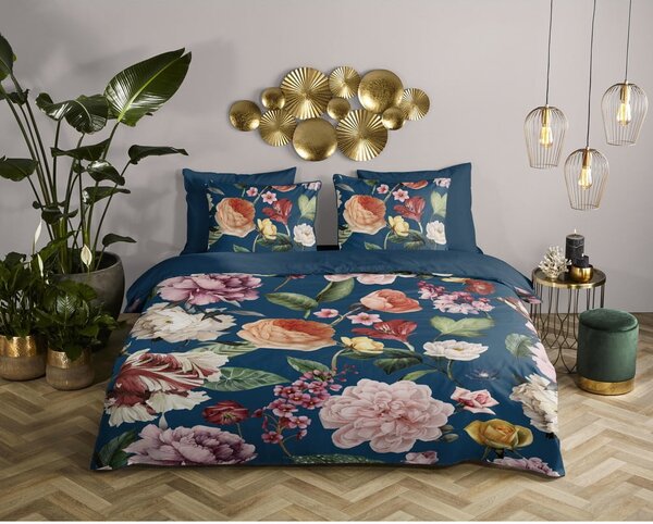 Тъмносиньо единично удължено спално бельо от памучен сатен 140x220 cm Fiori – Descanso