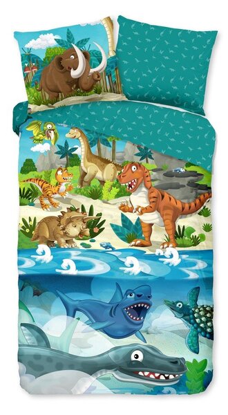 Синьо единично удължено памучно детско спално бельо 140x220 cm Prehistoric – Good Morning