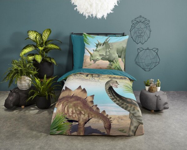 Зелено-синьо единично памучно детско спално бельо 140x200 cm Dino – Good Morning