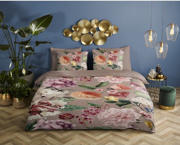 Сиво-кафяво двойно удължено спално бельо от памучен сатен 240x220 cm Fiori – Descanso