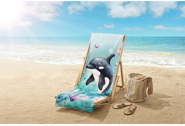 Синя детска кадифена плажна кърпа 75x150 cm Splash – Good Morning
