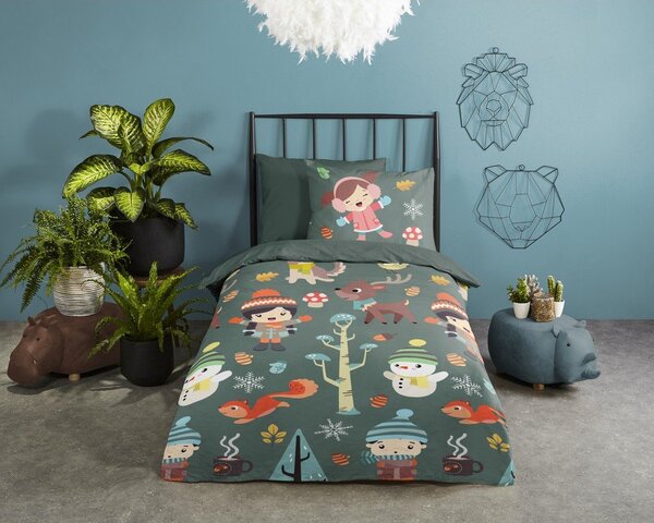 Тъмнозелено единично удължено памучно детско спално бельо 140x220 cm Fun – Good Morning