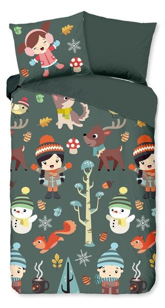 Тъмнозелено единично удължено памучно детско спално бельо 140x220 cm Fun – Good Morning