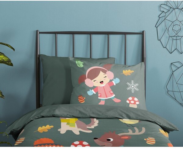 Тъмнозелено единично удължено памучно детско спално бельо 140x220 cm Fun – Good Morning