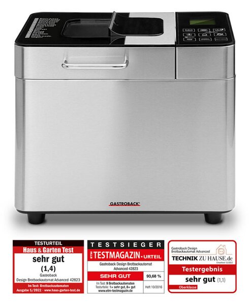 Хлебопекарна Gastroback Advanced 42823, 500W, 500-750-1000 гр, 18 програми, Керамичен съд без PFOA и PTFE, 7 вида хляб, Функция за сладолед, Инокс/черен