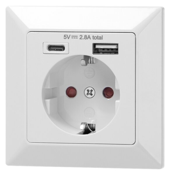 ORNO Контакт ШУКО 2P+E 16A + USB тип A+C 2.8A 14W цвят бял - OR-AE-13232(GS)