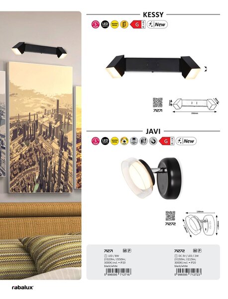 RABALUX Kessy, indoor wall lamp, black metal lamp with white plastic shade, 8W, with shade: 320lm, without shade: 550lm, 3000K