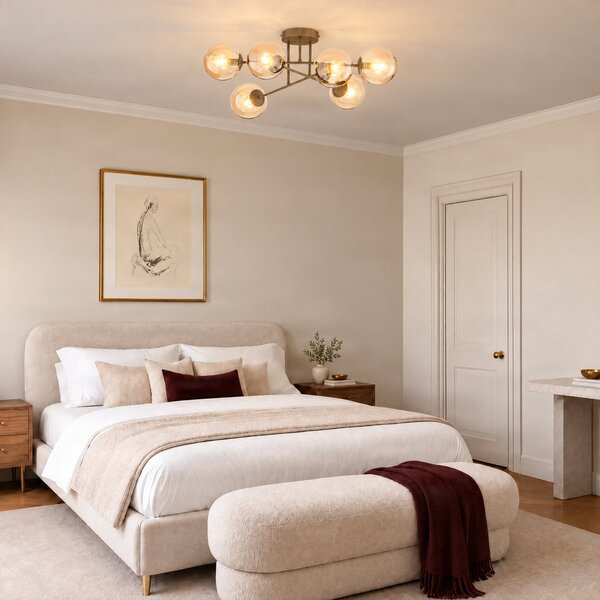 EMIBIG LIGHTING Таванна лампа ROMA, бежова, Ø 75 см, 6-лампова, стъкло/метал, E14, Затъмняване, Бежов, Дневна/трапезария, Стъкло, Модерен, Глобус