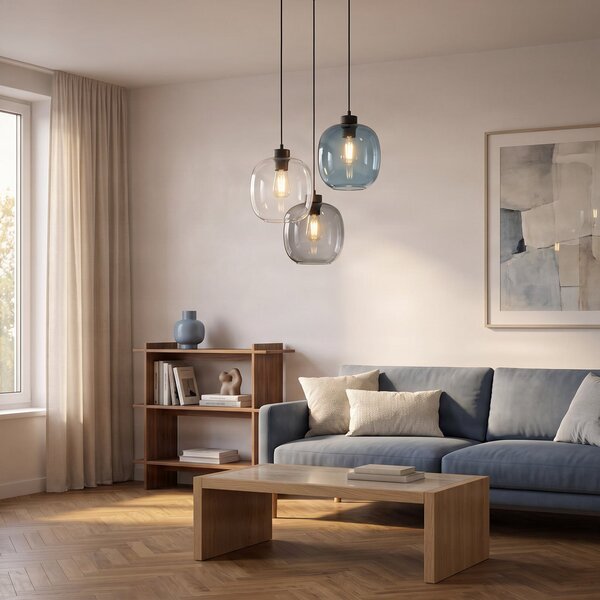TK Lighting Висяща лампа Elio, стъкло, синьо/прозрачно/сиво, Ø 52 cm, 3 светлини, Затъмняване, Прозрачен, Дневна/трапезария, Стъкло, Модерен, Висулки в пакет