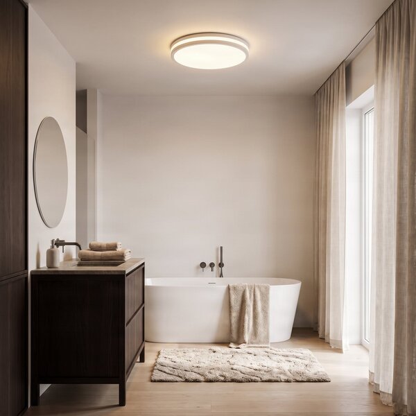 Lindby Arnim LED лампа за таван, бяла, пластмаса, Ø 49cm, IP44, Затъмняване, Бял, Баня, Пластмаса, Модерен