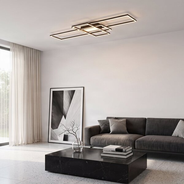 Lindby Ismera LED таванна лампа с 3 рамки, антрацит, Затъмняване, Черен, Дневна/трапезария, Метал, Модерен