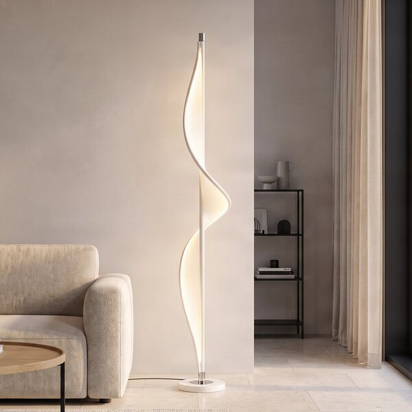 Lucande LED подова лампа Edano, 154 cm, бяла, текстилна, с възможност за, Затъмняване, Бял, Дневна/трапезария, Плат / текстил, Модерен