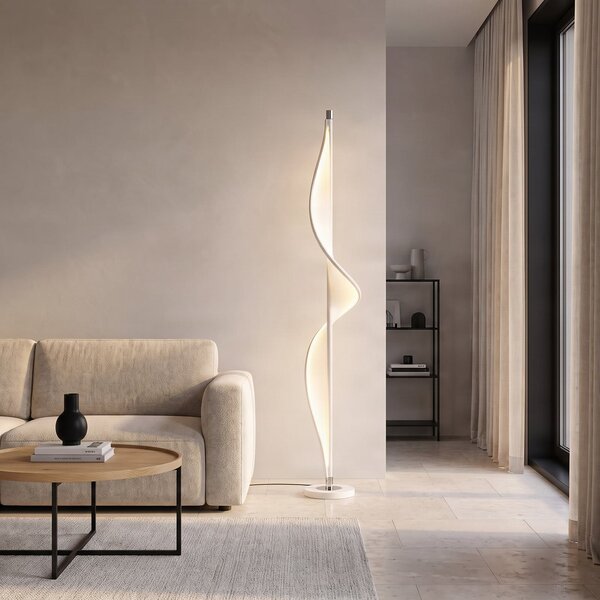 Lucande LED подова лампа Edano, 154 cm, бяла, текстилна, с възможност за, Затъмняване, Бял, Дневна/трапезария, Плат / текстил, Модерен
