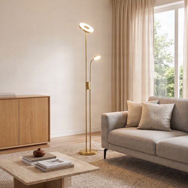 Lindby LED стояща лампа Seppa, кръгла, месинг, метал, 180 см, Затъмняване, Злато / месинг, Дневна/трапезария, Метал, Модерен, Светлина за четене
