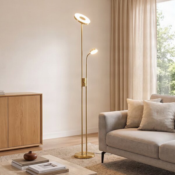 Lindby LED стояща лампа Seppa, кръгла, месинг, метал, 180 см, Затъмняване, Злато / месинг, Дневна/трапезария, Метал, Модерен, Светлина за четене