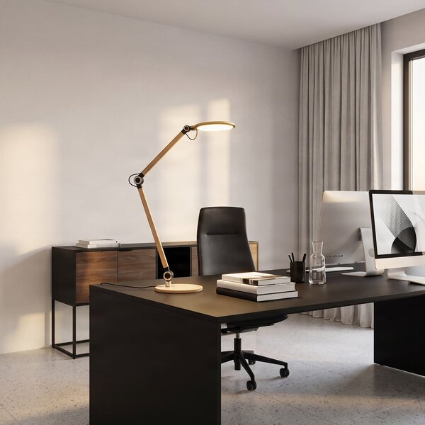 Lindby LED настолна лампа Nyxaris, злато, метал, CCT, 50 cm, Затъмняване, Злато / месинг, кабинет / офис, Пластмаса, Модерен