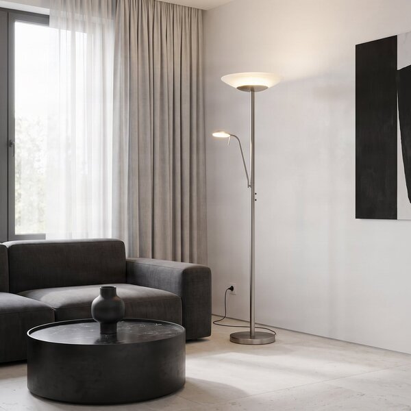 Lindby LED стояща лампа Ragna, за четене, никел, с регулиране на яркостта, Затъмняване, Металик, Дневна/трапезария, Метал, Модерен, Светлина за четене