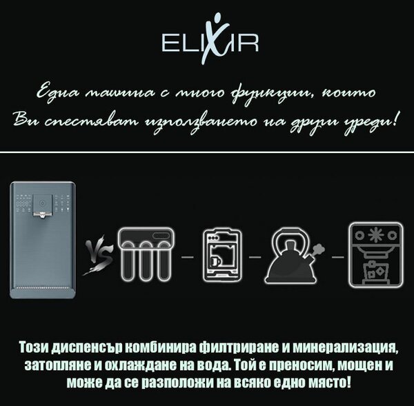Диспенсър за вода ELIXIR Pro Plus, 2200W, Затопляне 18 л/ч, 42-90°C, UVC стерилизация, Дисплей, Многостепенна филтрация, Компресорен, Сиво-син/графит