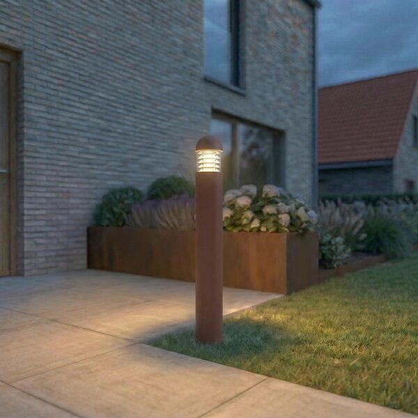 Lucande LED осветление за пътеки Skagena, кафява, височина 90 cm, IP54, Кафяв / ръждив, Алуминий, Модерен