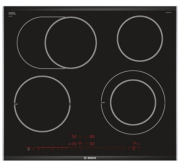 Стъклокерамичен плот за вграждане Bosch PKN 675 DP 1D, 4 нагревателни зони, 17 нива на мощност, черен