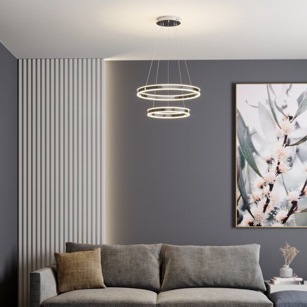Lucande LED висяща лампа Lyani, 60 cm, 2 светлини, хром, с възможност за, Затъмняване, Металик, Дневна/трапезария, Метал, Модерен