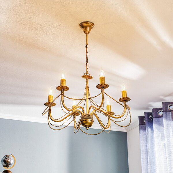 EMIBIG LIGHTING Полилей Tori 6, шестпламенен, златен, Затъмняване, Злато / месинг, Дневна/трапезария, Метал, Античен