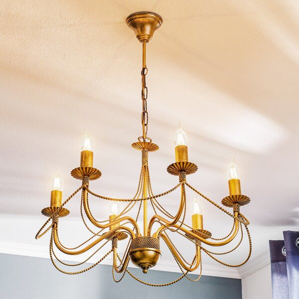 EMIBIG LIGHTING Полилей Tori 6, шестпламенен, златен, Затъмняване, Злато / месинг, Дневна/трапезария, Метал, Античен