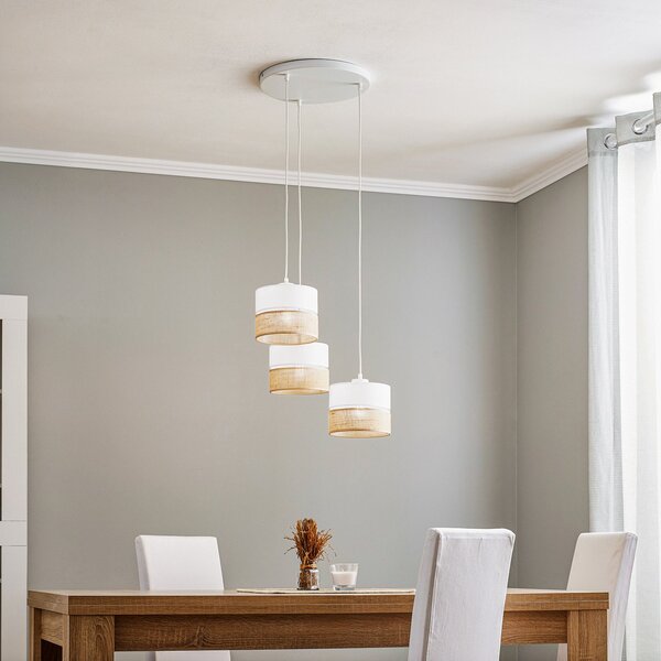 TK Lighting Висяща лампа Linobianco, кръгла, с три лампи, Затъмняване, Бял, Дневна/трапезария, Плат / текстил, Модерен