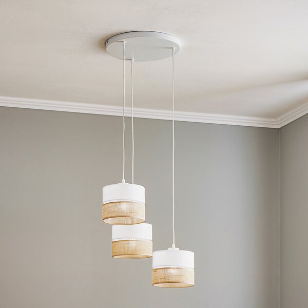 TK Lighting Висяща лампа Linobianco, кръгла, с три лампи, Затъмняване, Бял, Дневна/трапезария, Плат / текстил, Модерен
