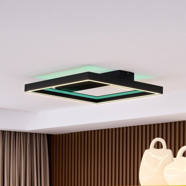 Lucande Smart LED осветление за таван Tjado, 50 cm, черно, RGBW, Затъмняване, Черен, Дневна/трапезария, Метал, Модерен