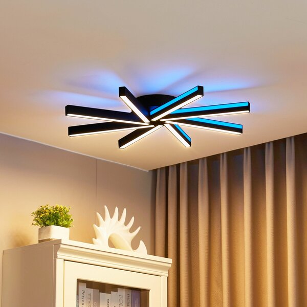 Lucande Smart LED таванска лампа Tjado, Ø70 cm, черна, RGBW, Затъмняване, Черен, Дневна/трапезария, Метал, Модерен