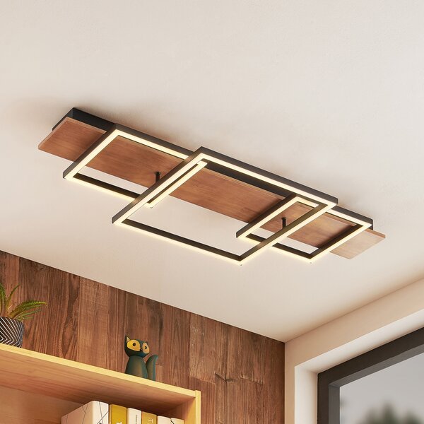 Lucande LED осветление за таван Chariska, 95cm, черно, дърво, CCT, Затъмняване, Дърво, Дневна/трапезария, Дървесина, Модерен