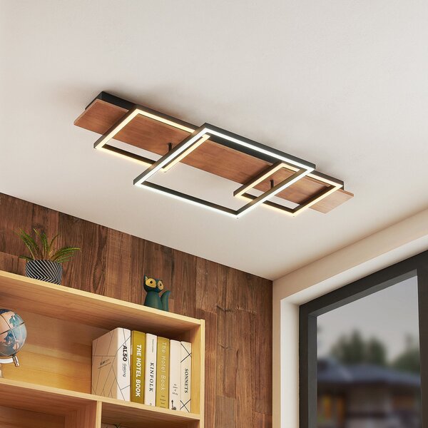 Lucande LED осветление за таван Chariska, 95cm, черно, дърво, CCT, Затъмняване, Дърво, Дневна/трапезария, Дървесина, Модерен