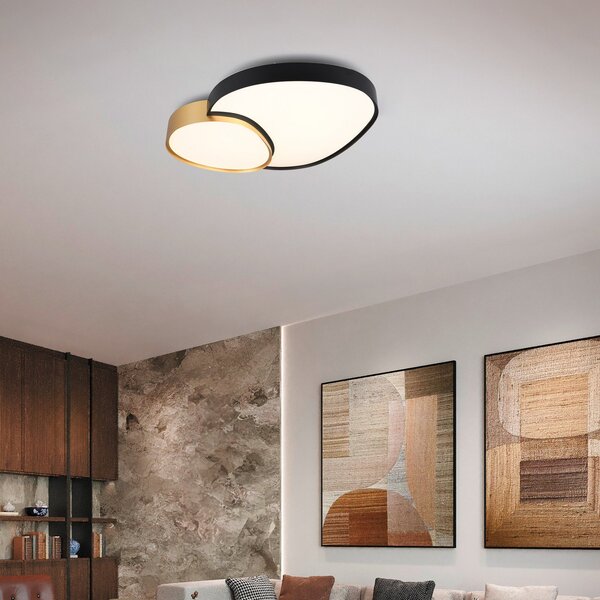 Trio Lighting LED лампа за таван Rise, черно-златиста, 77 x 63 cm, CCT, с възможност за, Затъмняване, Черен, Дневна/трапезария, Метал, Модерен