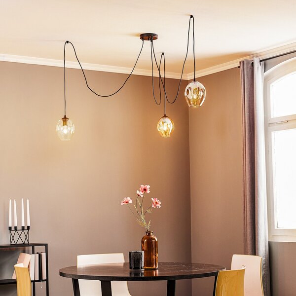 EMIBIG LIGHTING Висяща лампа Starla, стъкло графит/кехлибар/прозрачно, 3-крило, децентрализирана, Затъмняване, Черен, Дневна/трапезария, Стъкло, Модерен