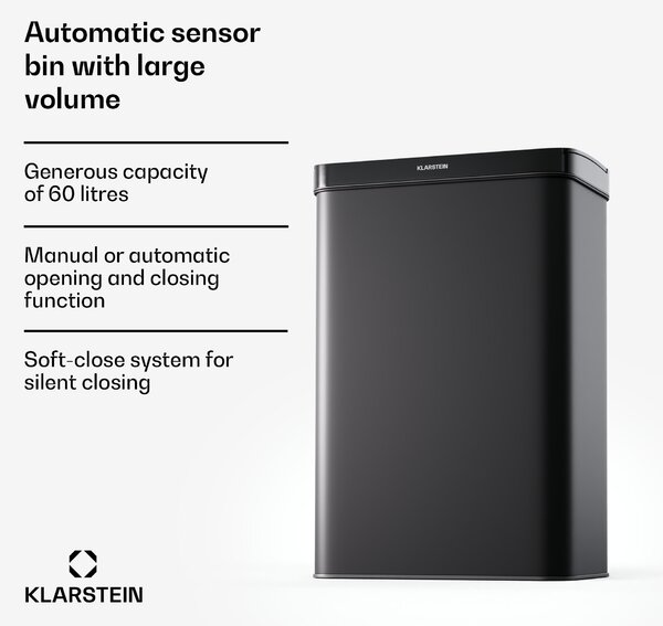 Klarstein Touchless, сензорен кош за отпадъци, 60 л, неръждаема стомана, плавно затваряне, захранване с батерии, LED дисплей, таймер