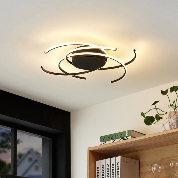 Lindby LED плафон, Hamza, Ø 49 cm, черен, алуминий, Затъмняване, Черен, Дневна/трапезария, Метал, Модерен