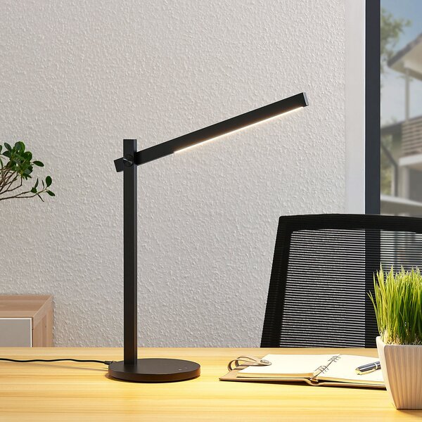 Lindby LED настолна лампа Loretta, 43 cm, черна, CCT, Затъмняване, Черен, кабинет / офис, Пластмаса, Модерен